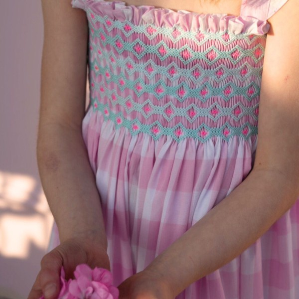 Rachel Carson Girls Dress Candy Floss Gingham with Spearmint Hand Smocking Rachel Carson Girls Dress Candy Floss Gingham with Spearmint Hand Smocking